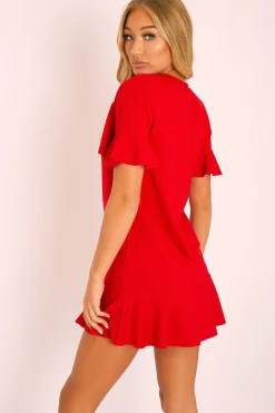 Rebellious Fashion Red Frill Detail Peplum Dress - Birda