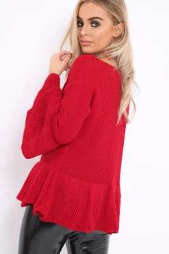 Rebellious Fashion Red Frill Hem and Sleeve Jumper - Imogen