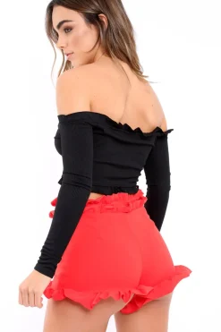 Rebellious Fashion Red Frill Hem Shorts - Malvina