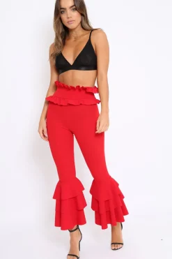 Rebellious Fashion Red Frill Hem Triple Tiered Frill Hem Trousers - Karla