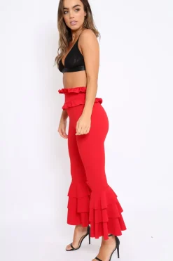 Rebellious Fashion Red Frill Hem Triple Tiered Frill Hem Trousers - Karla