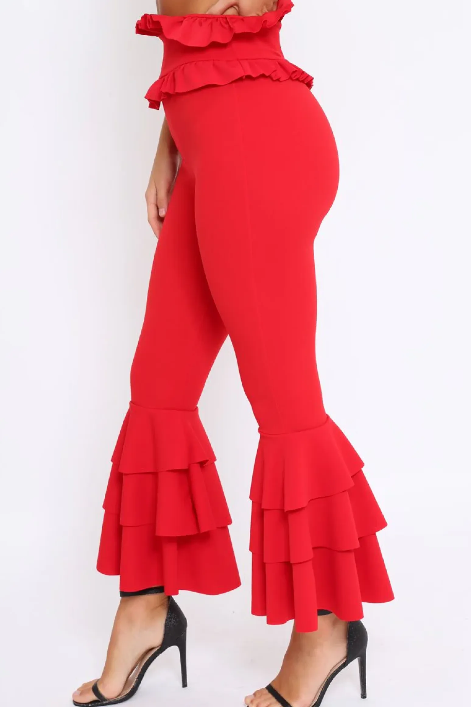 Rebellious Fashion Red Frill Hem Triple Tiered Frill Hem Trousers - Karla