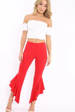 Rebellious Fashion Red Frill Hem Trousers - Ashlie