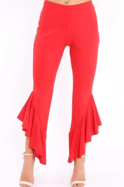 Rebellious Fashion Red Frill Hem Trousers - Ashlie