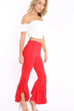 Rebellious Fashion Red Frill Hem Trousers - Ashlie