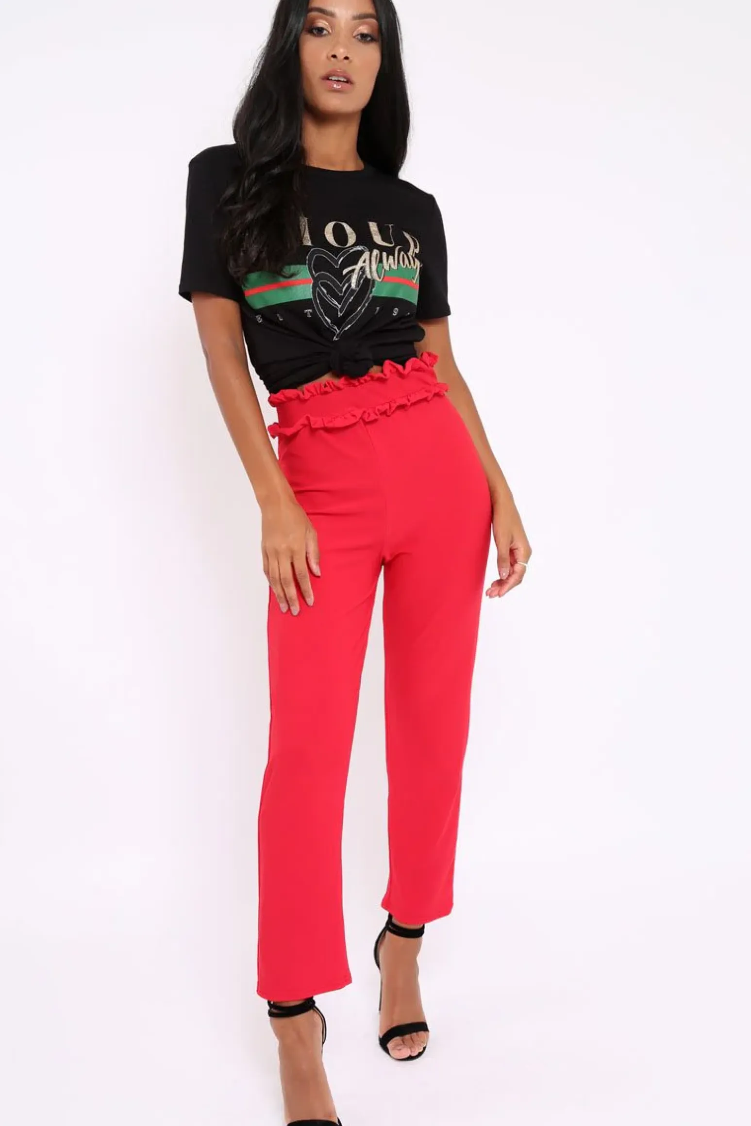Rebellious Fashion Red Frill Hem Wide Legged Trousers - Megan