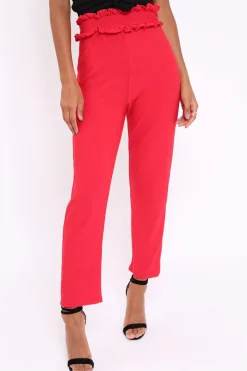 Rebellious Fashion Red Frill Hem Wide Legged Trousers - Megan