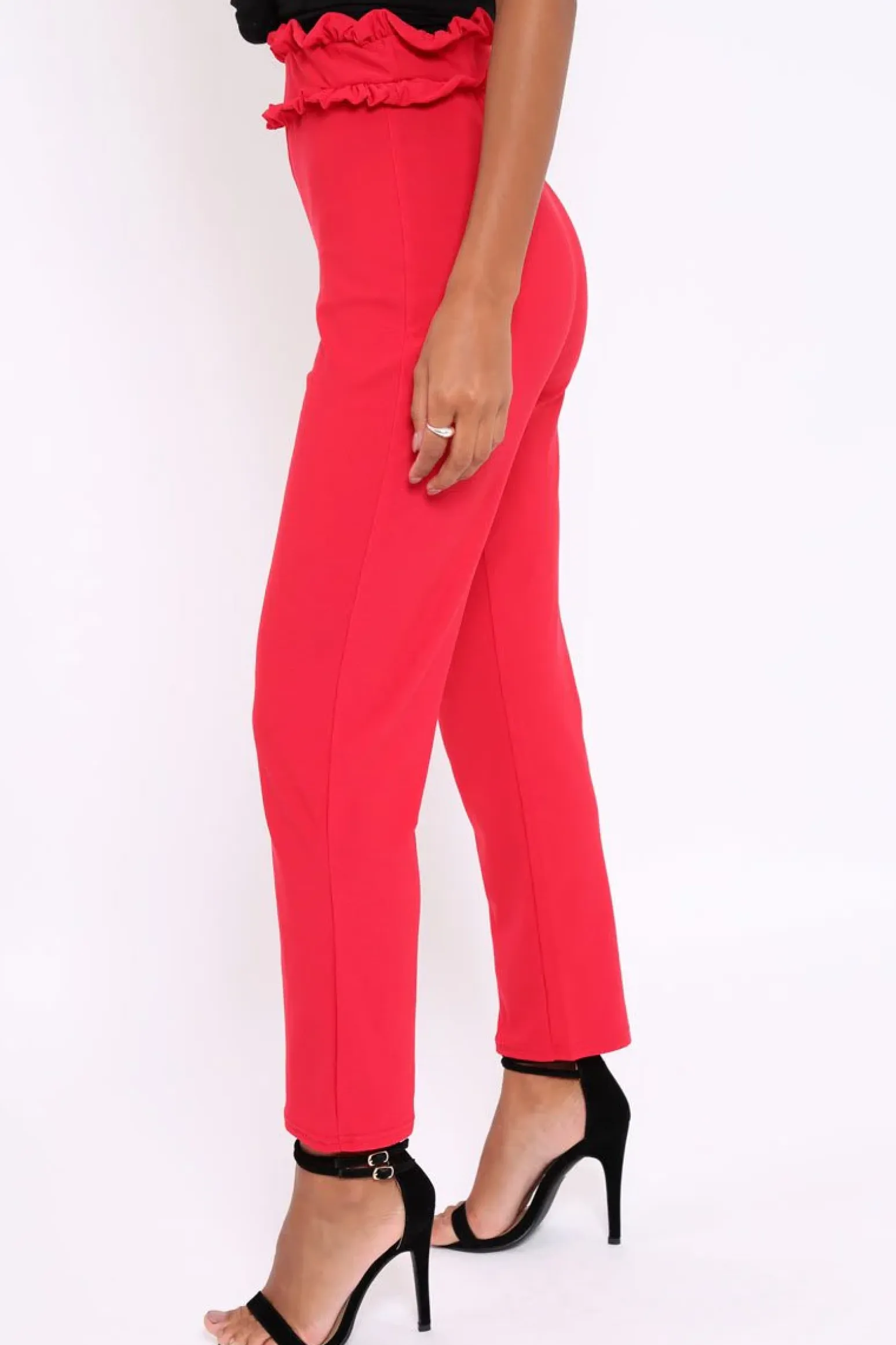 Rebellious Fashion Red Frill Hem Wide Legged Trousers - Megan