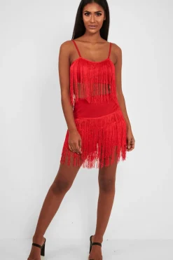 Rebellious Fashion Red Fringe Crop Top Shorts Co-Ord - Lylith