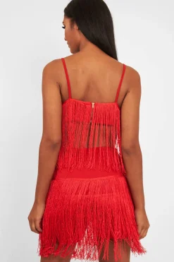 Rebellious Fashion Red Fringe Crop Top Shorts Co-Ord - Lylith