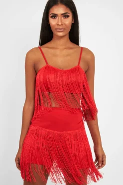 Rebellious Fashion Red Fringe Crop Top Shorts Co-Ord - Lylith