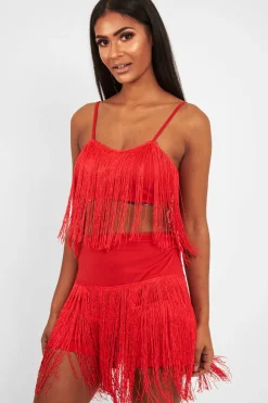 Rebellious Fashion Red Fringe Crop Top Shorts Co-Ord - Lylith