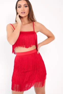 Rebellious Fashion Red Fringe Crop Top Skirt Co-Ord - Lyela