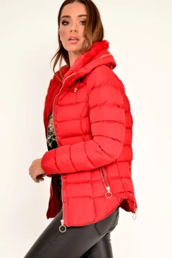 Rebellious Fashion Red Fur Lined Ring Pull Puffer Coat - Riko