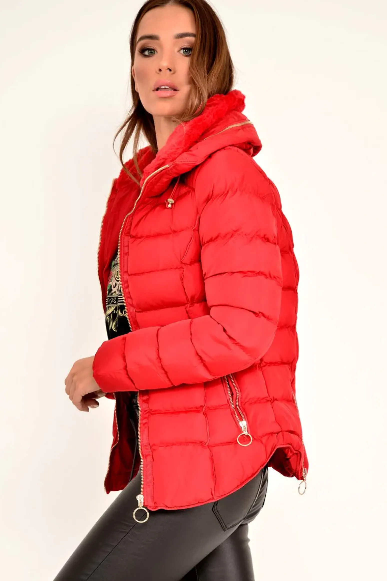 Rebellious Fashion Red Fur Lined Ring Pull Puffer Coat - Riko