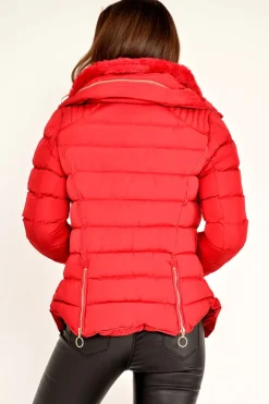 Rebellious Fashion Red Fur Lined Ring Pull Puffer Coat - Riko