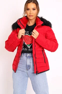 Rebellious Fashion Red Fur Trim Quilted Puffer Coat - Lania