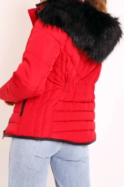 Rebellious Fashion Red Fur Trim Quilted Puffer Coat - Lania