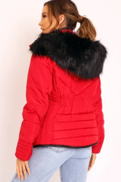 Rebellious Fashion Red Fur Trim Quilted Puffer Coat - Lania