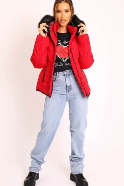 Rebellious Fashion Red Fur Trim Quilted Puffer Coat - Lania