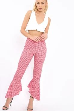 Rebellious Fashion Red Gingham Frill Hem Trousers - Payton