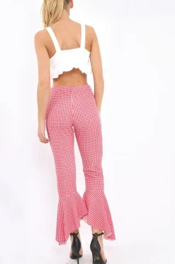 Rebellious Fashion Red Gingham Frill Hem Trousers - Payton
