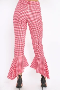 Rebellious Fashion Red Gingham Frill Hem Trousers - Payton