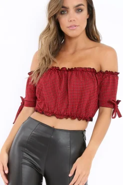 Rebellious Fashion Red Gingham Ruched Bardot Gypsy Crop Top - Janette