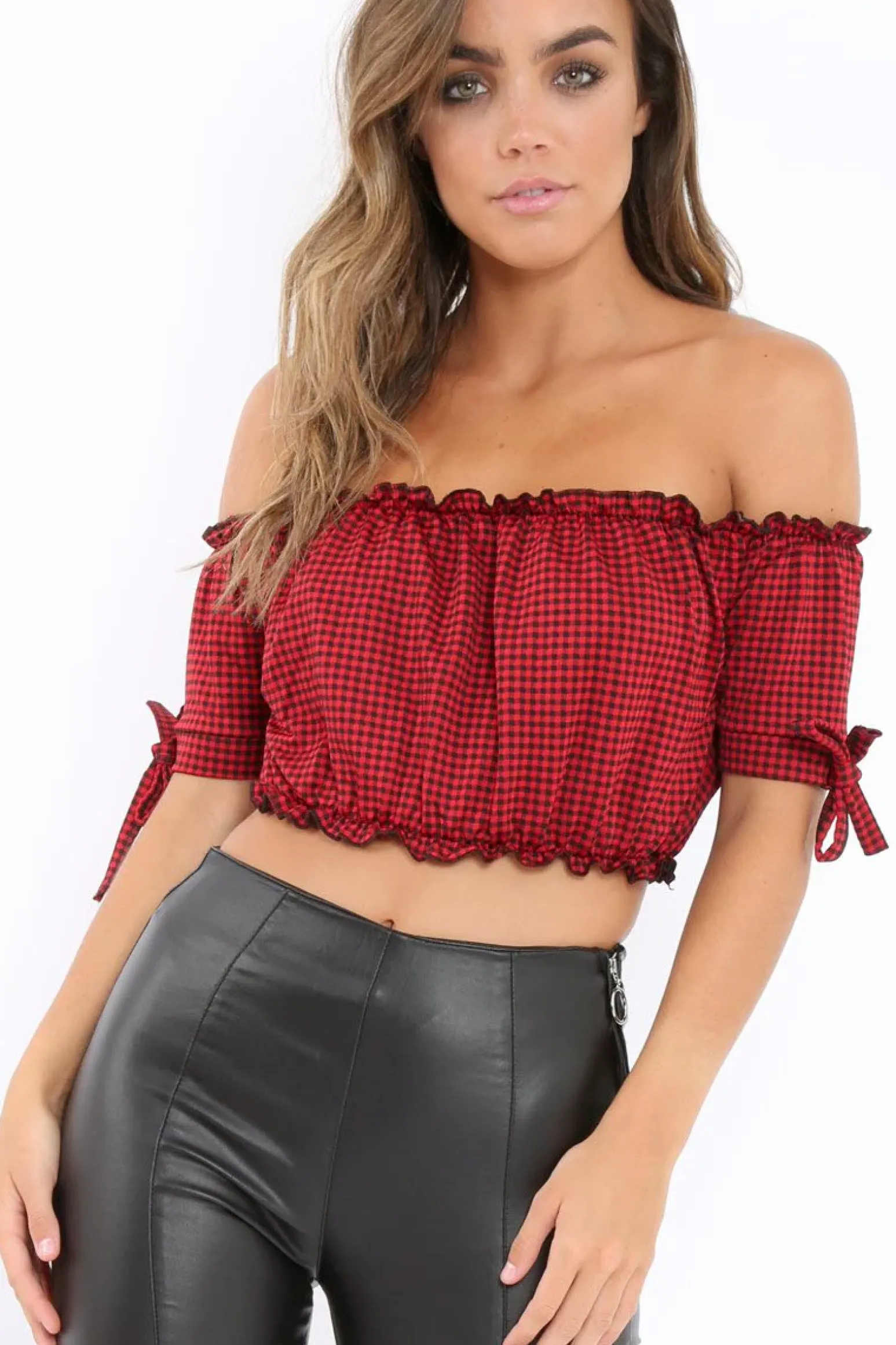 Rebellious Fashion Red Gingham Ruched Bardot Gypsy Crop Top - Janette