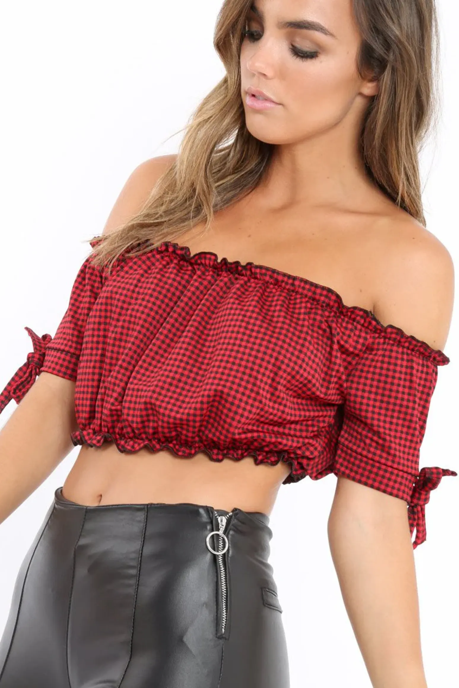 Rebellious Fashion Red Gingham Ruched Bardot Gypsy Crop Top - Janette