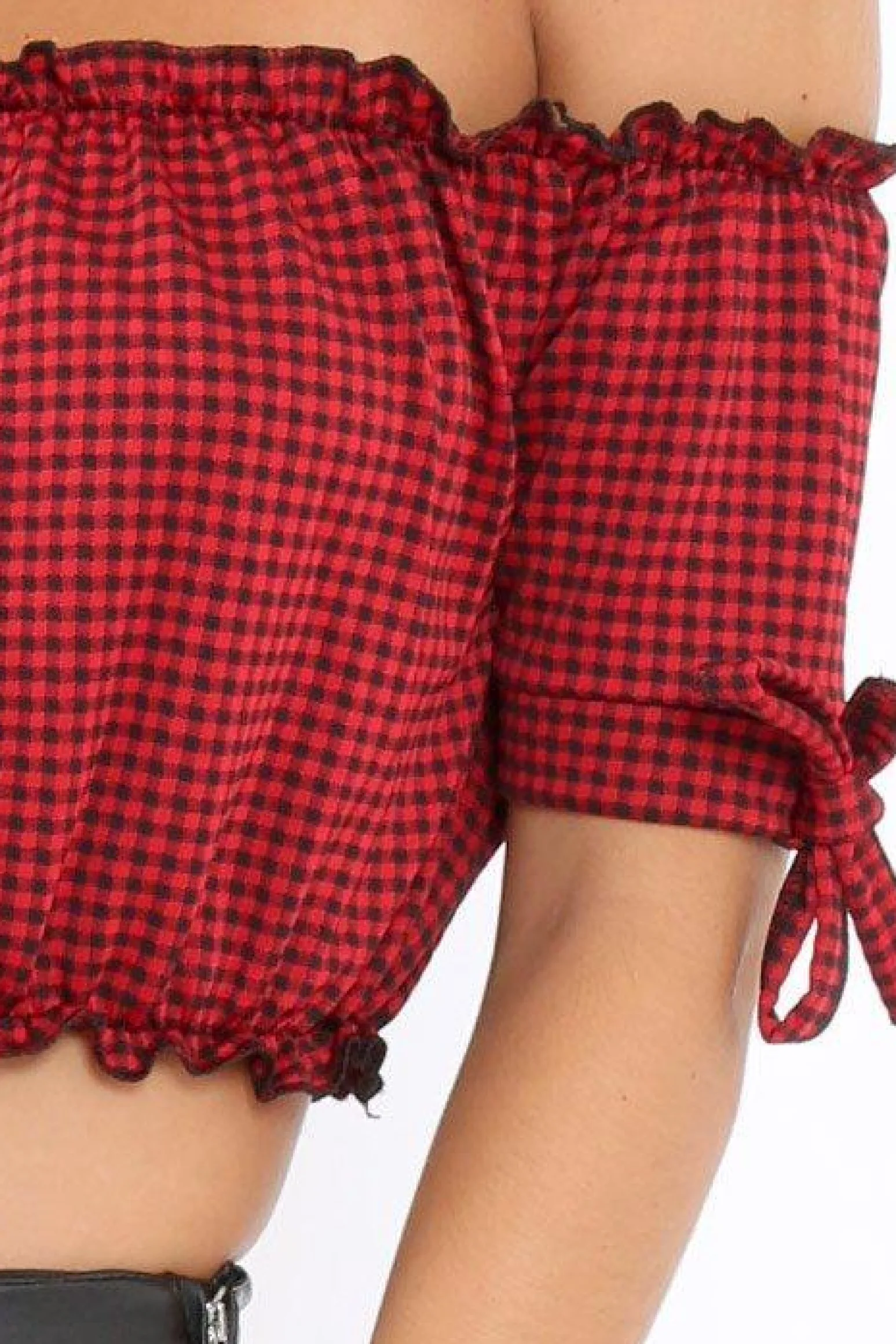 Rebellious Fashion Red Gingham Ruched Bardot Gypsy Crop Top - Janette