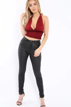 Rebellious Fashion Red Gingham Shirred Halter Neck Crop Top - Josie
