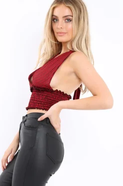 Rebellious Fashion Red Gingham Shirred Halter Neck Crop Top - Josie