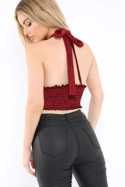 Rebellious Fashion Red Gingham Shirred Halter Neck Crop Top - Josie