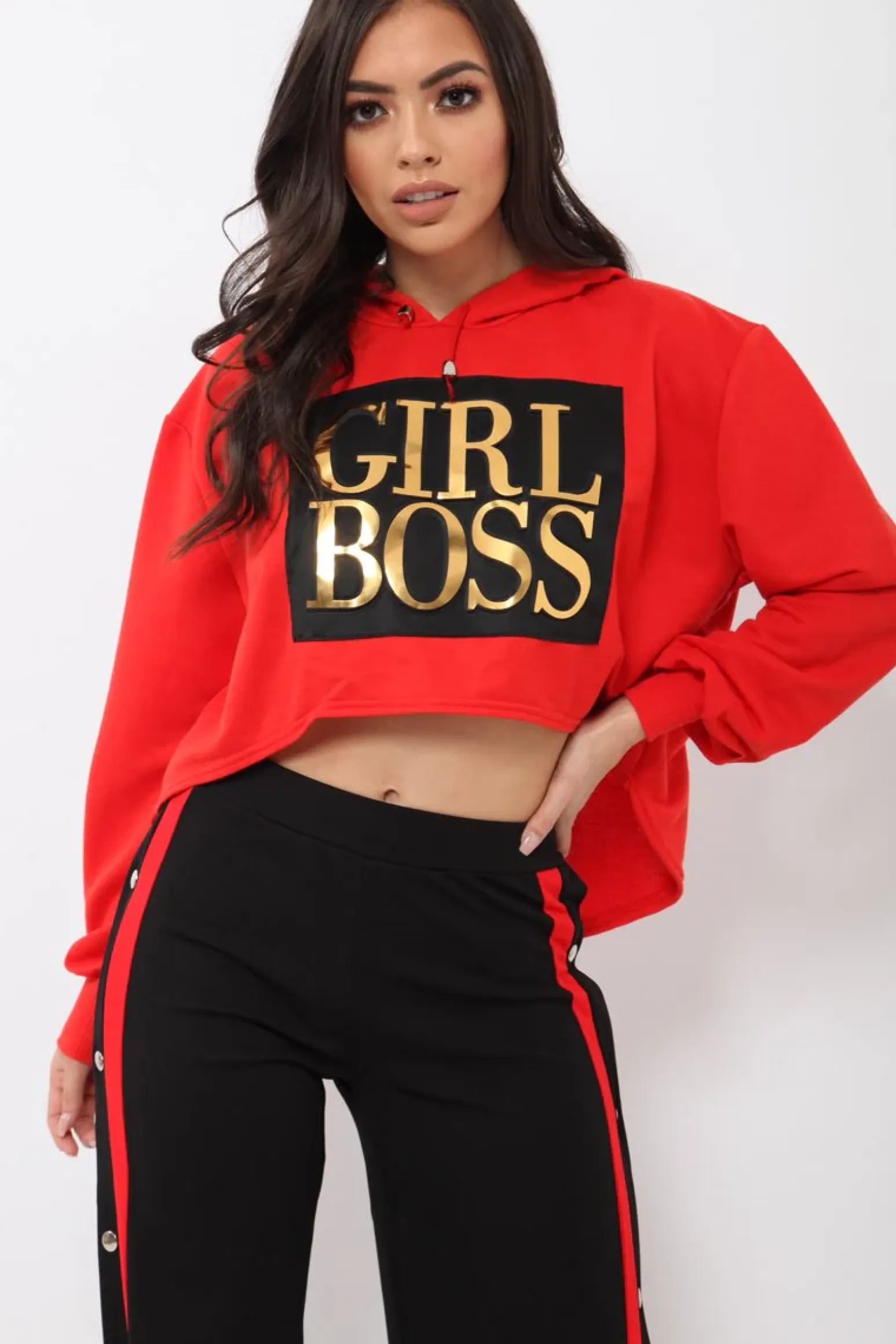 Rebellious Fashion Red Girl Boss Cropped Hoodie - Kelsy