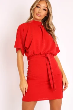 Rebellious Fashion Red Glitter Batwing Sleeve Belted Dress - Florene