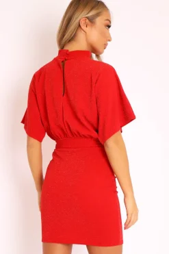 Rebellious Fashion Red Glitter Batwing Sleeve Belted Dress - Florene