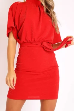 Rebellious Fashion Red Glitter Batwing Sleeve Belted Dress - Florene