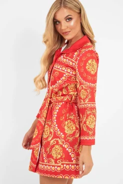 Rebellious Fashion Red Gold Chain Print Belted Shirt Dress - Estie