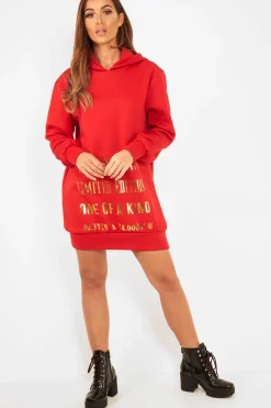 Rebellious Fashion Red Gold New York Slogan Hoodie Dress - Sophira
