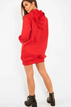 Rebellious Fashion Red Gold New York Slogan Hoodie Dress - Sophira