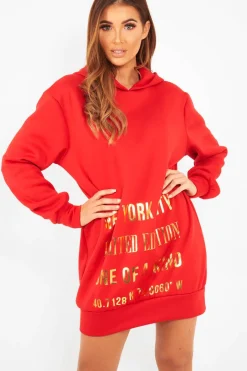 Rebellious Fashion Red Gold New York Slogan Hoodie Dress - Sophira