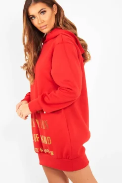 Rebellious Fashion Red Gold New York Slogan Hoodie Dress - Sophira