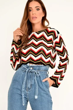 Rebellious Fashion Red Green Chevron Knit Crop Jumper - Stevi