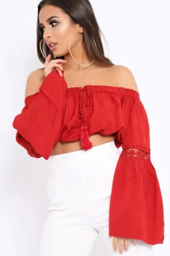 Rebellious Fashion Red Gypsy Bardot Crop Top with Key Hole Tie Front - Kaitlin
