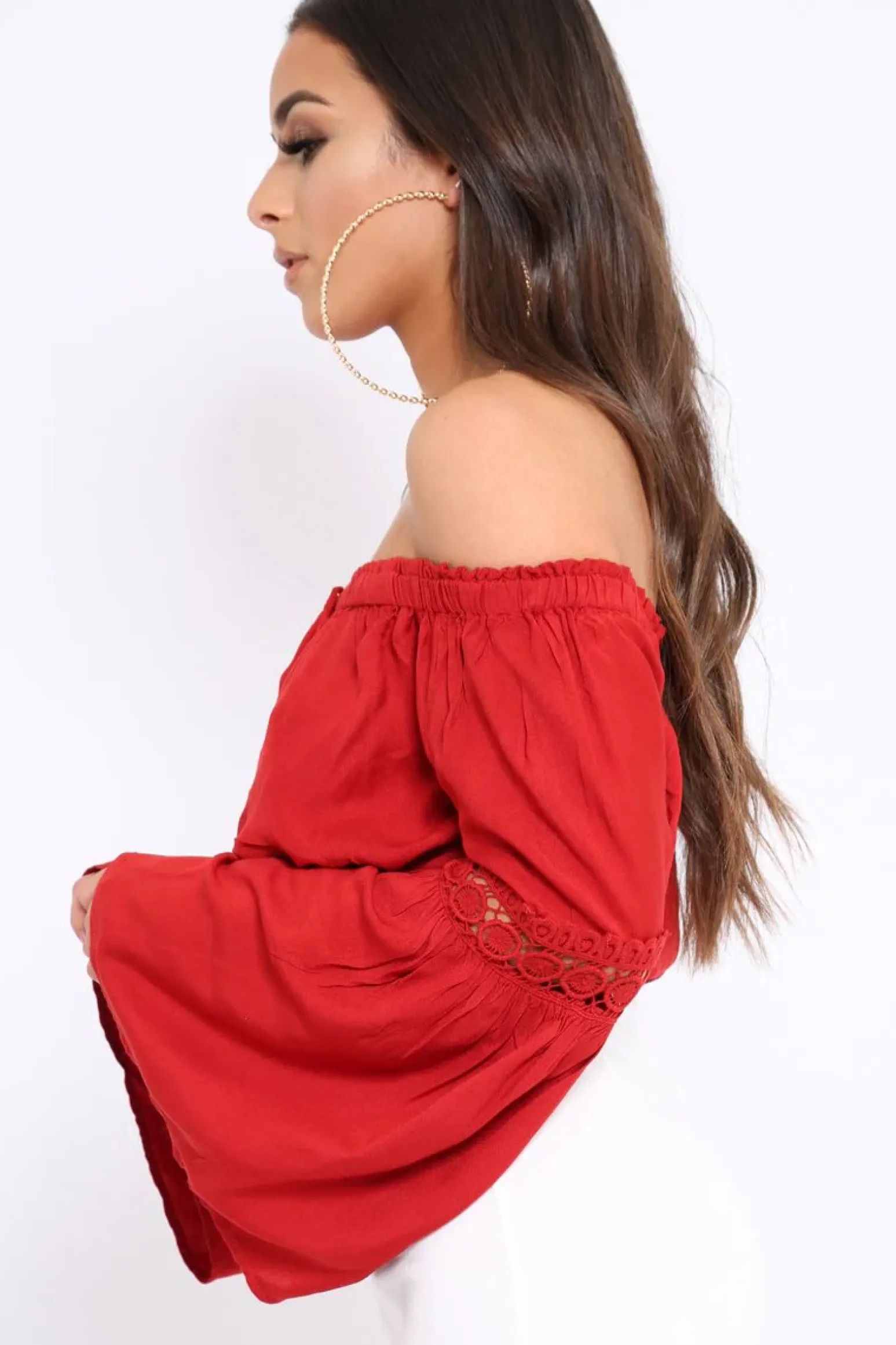 Rebellious Fashion Red Gypsy Bardot Crop Top with Key Hole Tie Front - Kaitlin