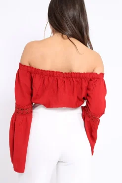 Rebellious Fashion Red Gypsy Bardot Crop Top with Key Hole Tie Front - Kaitlin