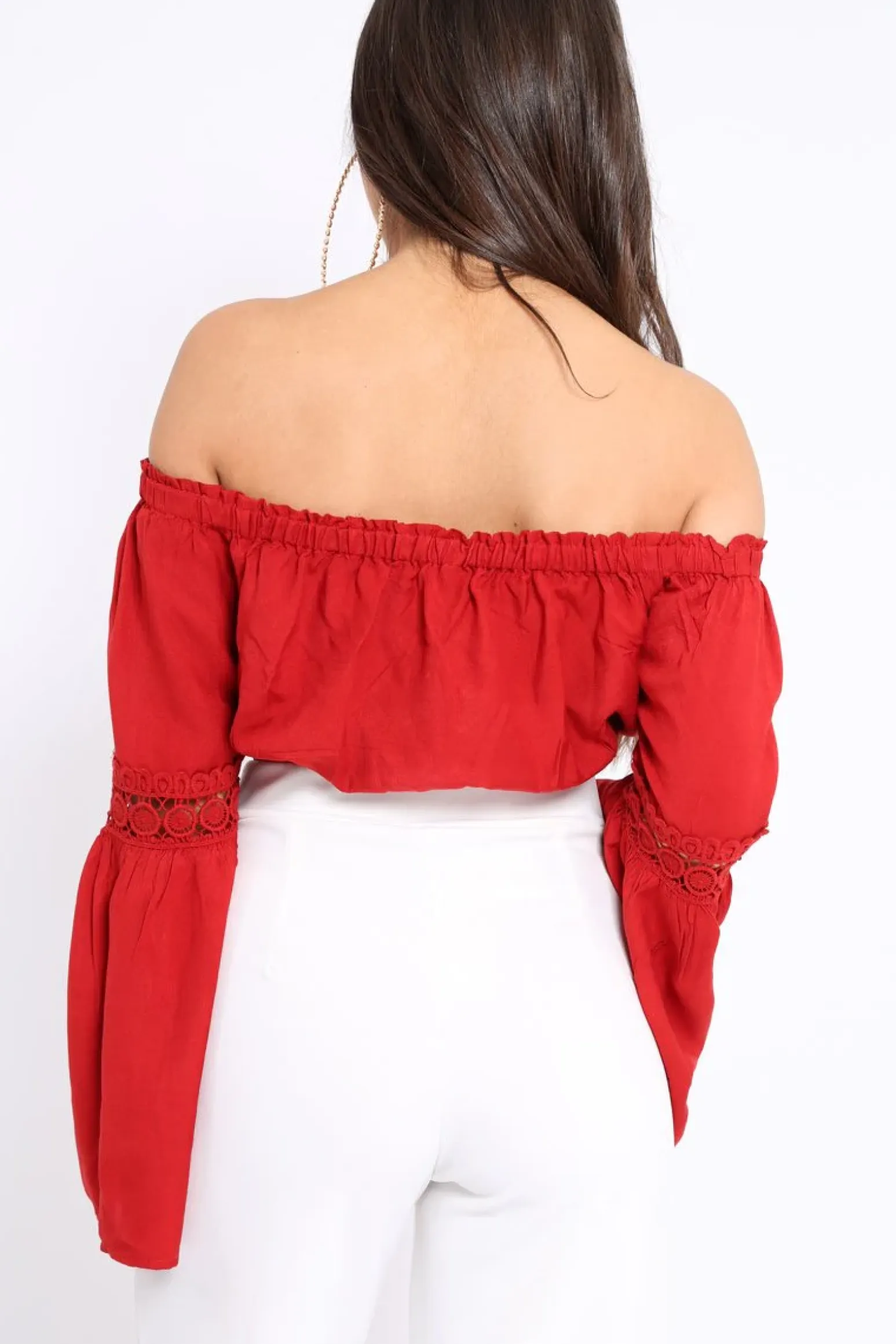 Rebellious Fashion Red Gypsy Bardot Crop Top with Key Hole Tie Front - Kaitlin