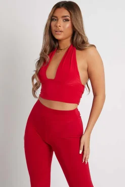 Rebellious Fashion Red Halter Neck Slinky Crop Top - Jessabel