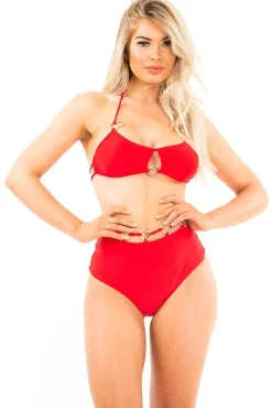 Rebellious Fashion Red Heart Detail High Waist Bikini - Franki